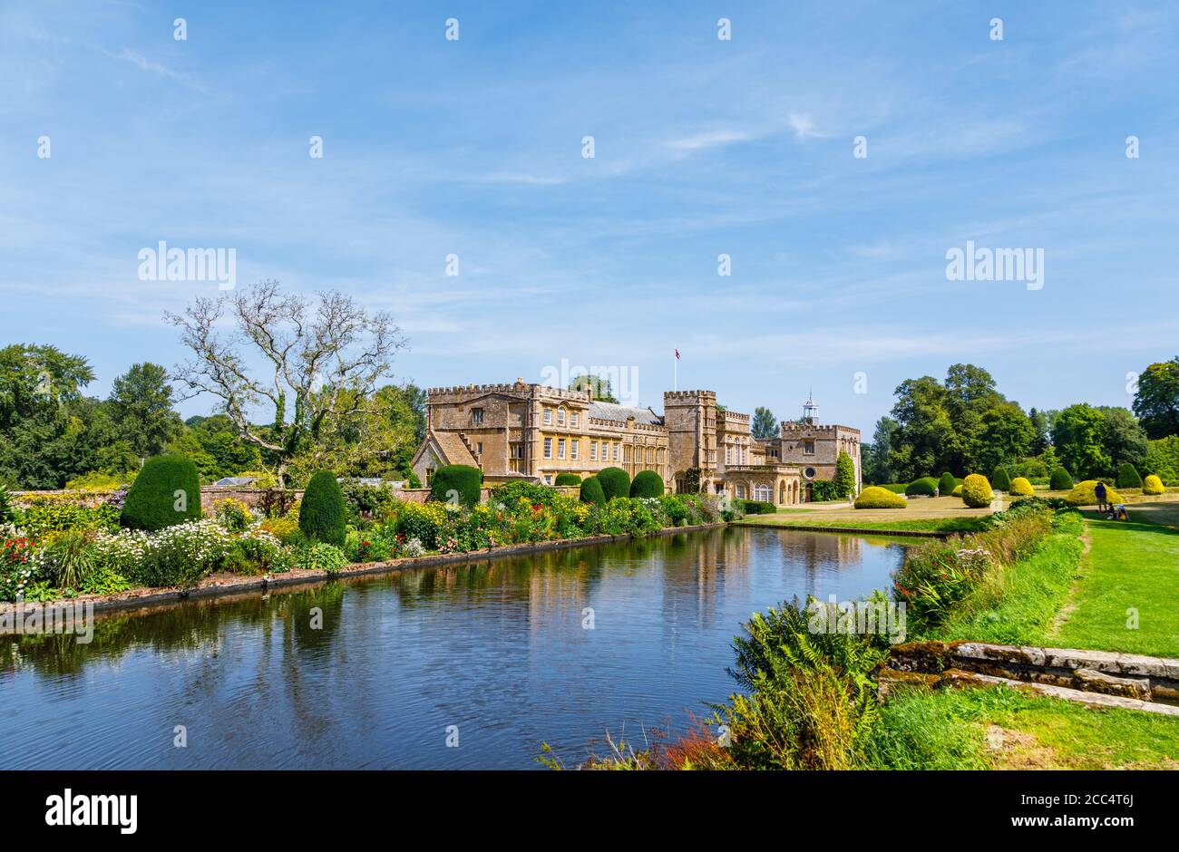 View across Long Pond to Forde Abbey, an historic building near Chard, Somerset, south-west England, a former Cistercian monastery Stock Photo