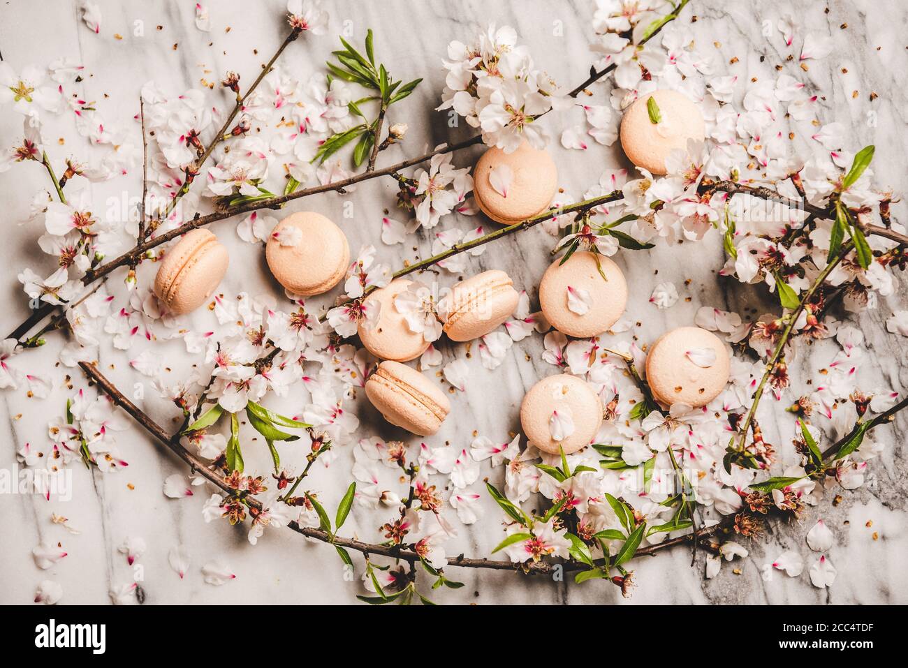 Flat-lay of sweet macaron cookies and spring blossom flowers Stock Photo