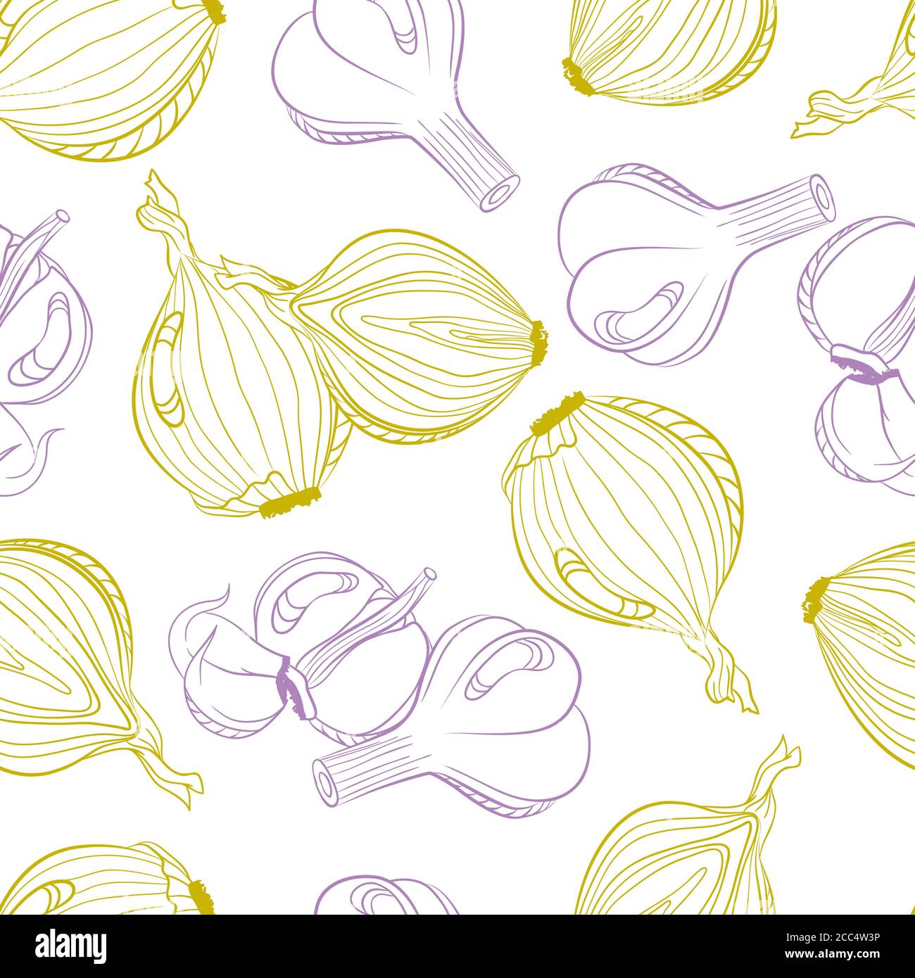 Monochrome seamless pattern of onion and garlic. Vector hand drawn