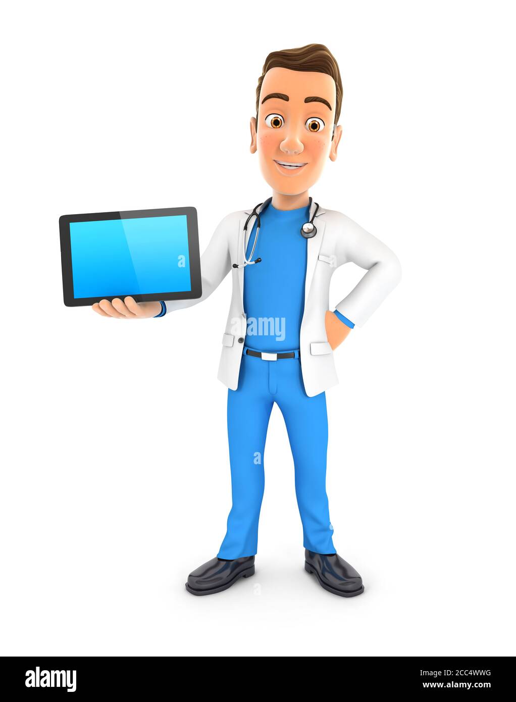 3d doctor standing with a tablet, illustration with isolated white background Stock Photo