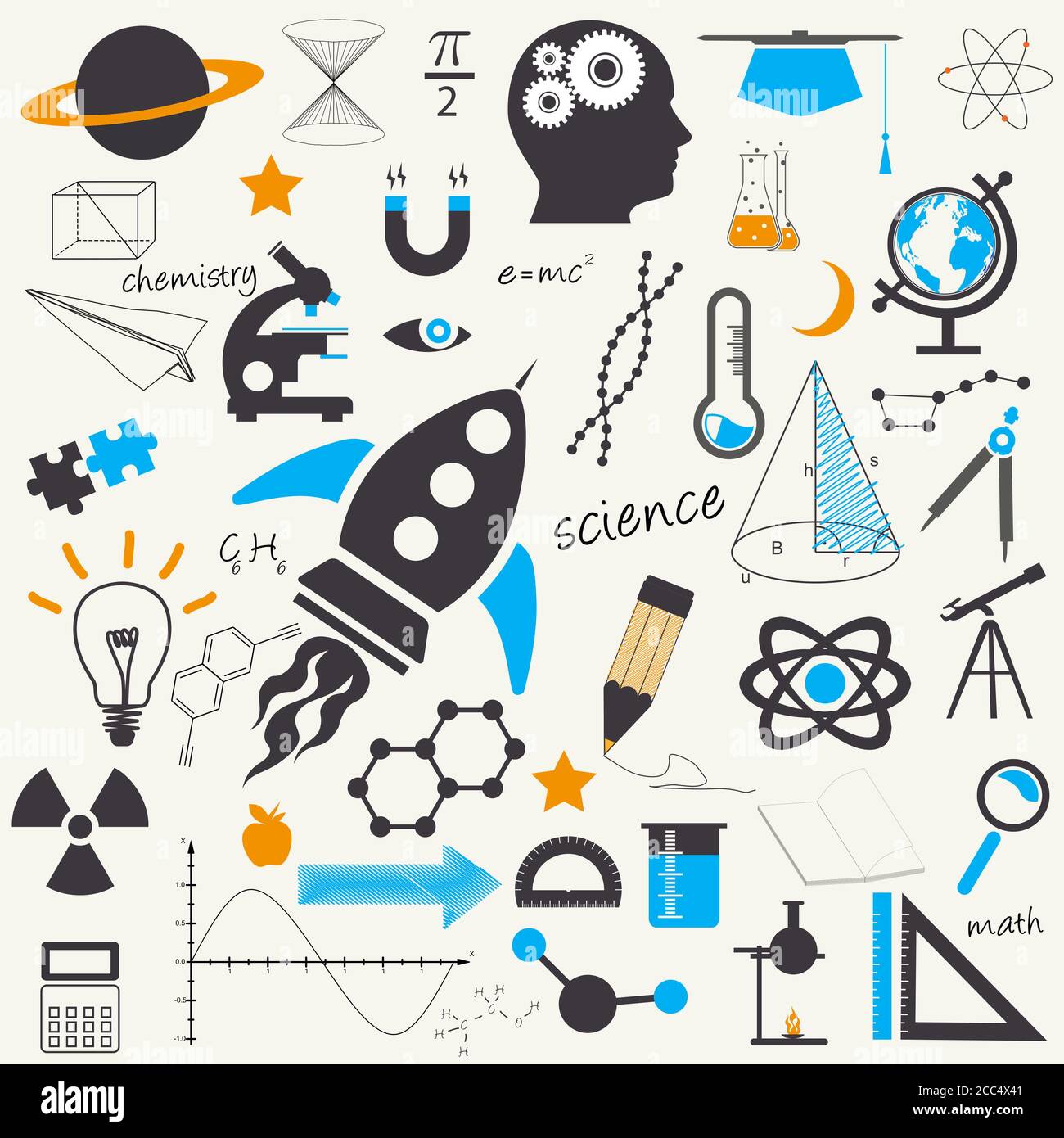 Illustration of science-related symbols on a white background Stock ...