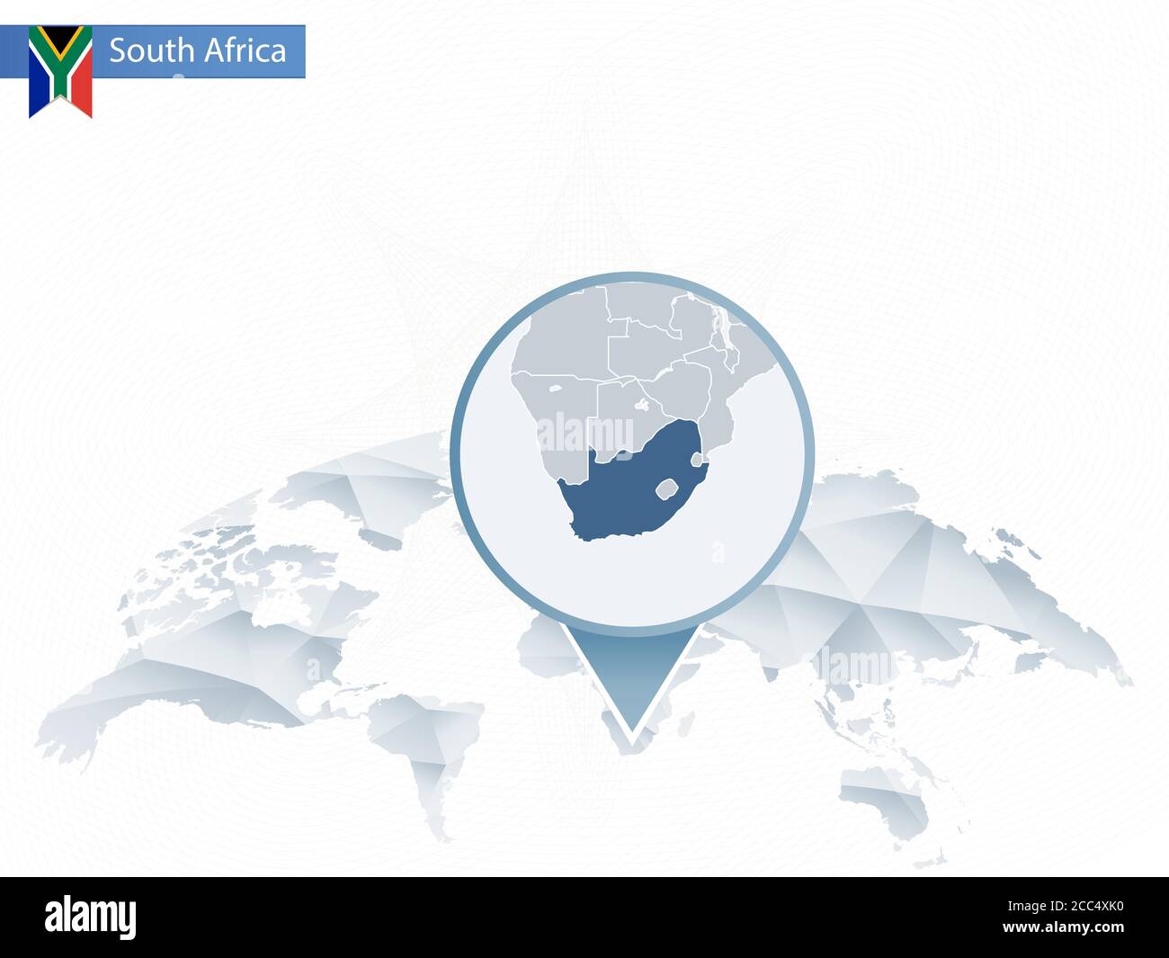 Abstract rounded World Map with pinned detailed South Africa map. Vector Illustration. Stock Vector
