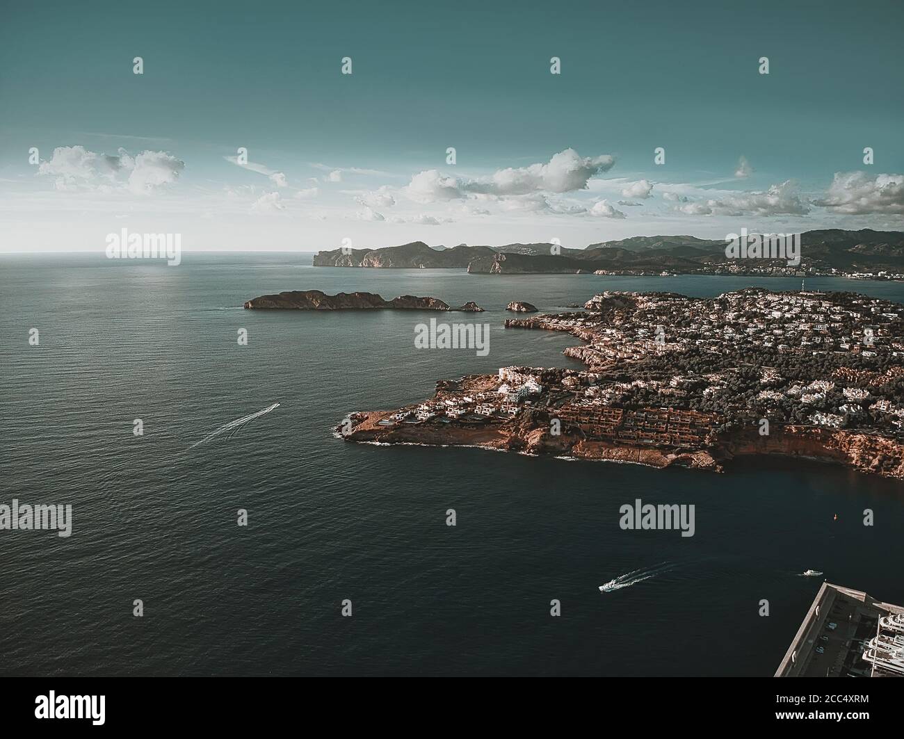 Aerial panoramic distant view Santa Ponsa coastal town of Mallorca, Majorca, Balearic Islands. Spain Stock Photo