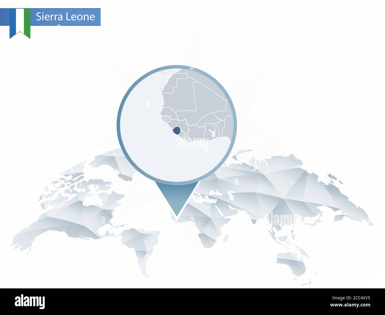 Abstract rounded World Map with pinned detailed Sierra Leone map ...