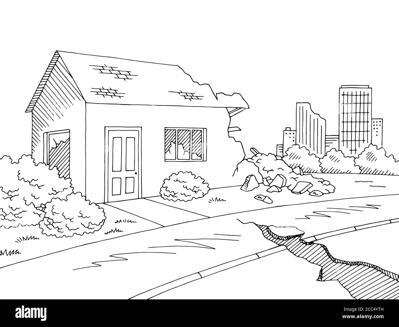 Earthquake graphic black white landscape city sketch illustration vector Stock Vector
