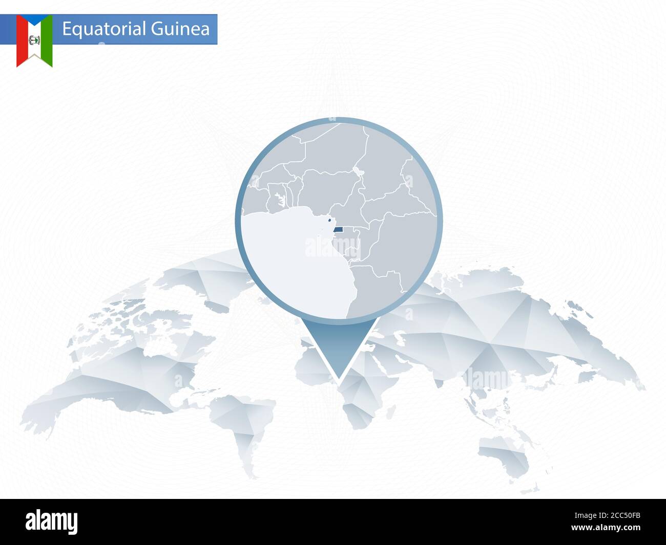 Abstract rounded World Map with pinned detailed Equatorial Guinea map. Vector Illustration. Stock Vector