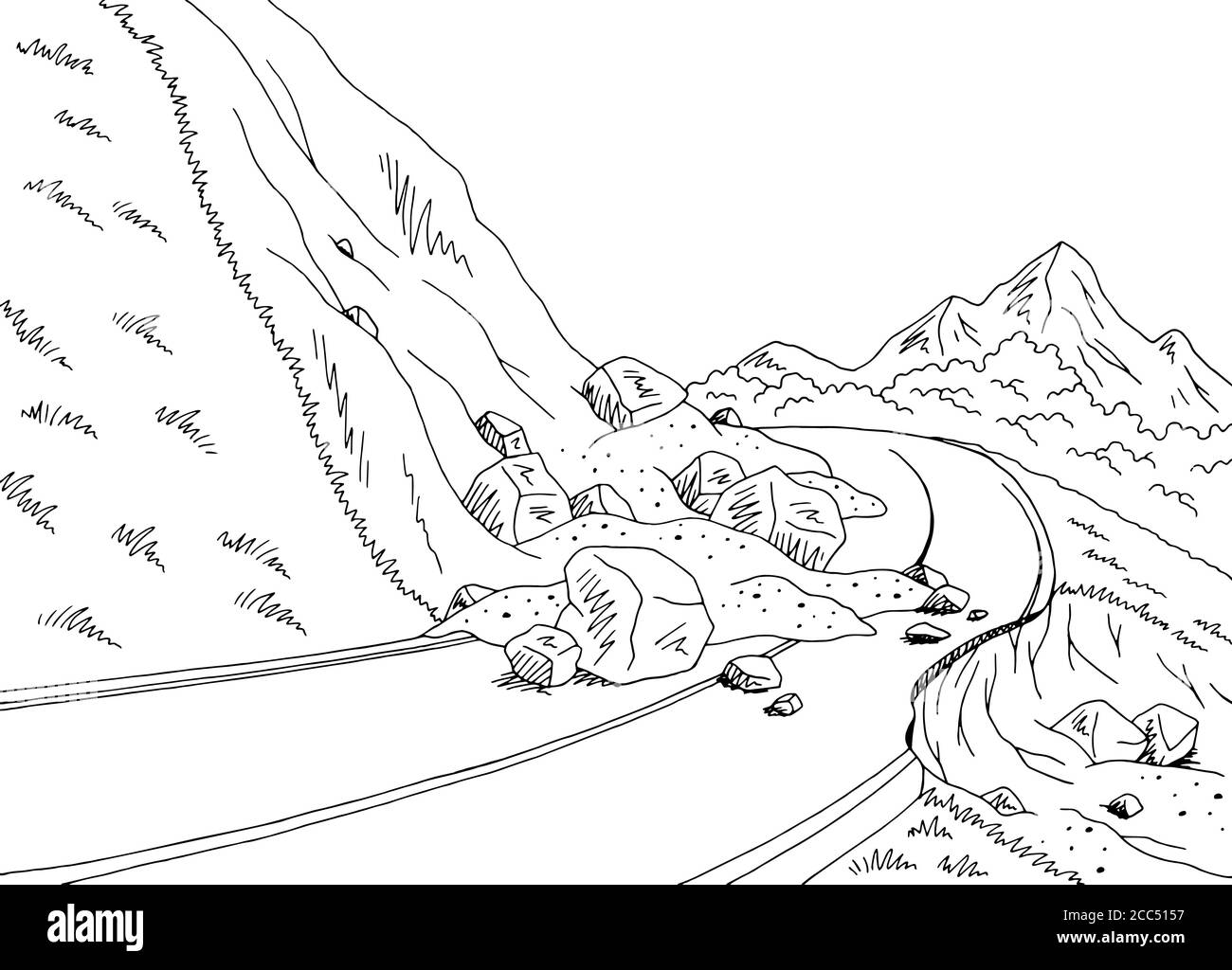Landslide graphic black white mountains landscape sketch illustration vector Stock Vector