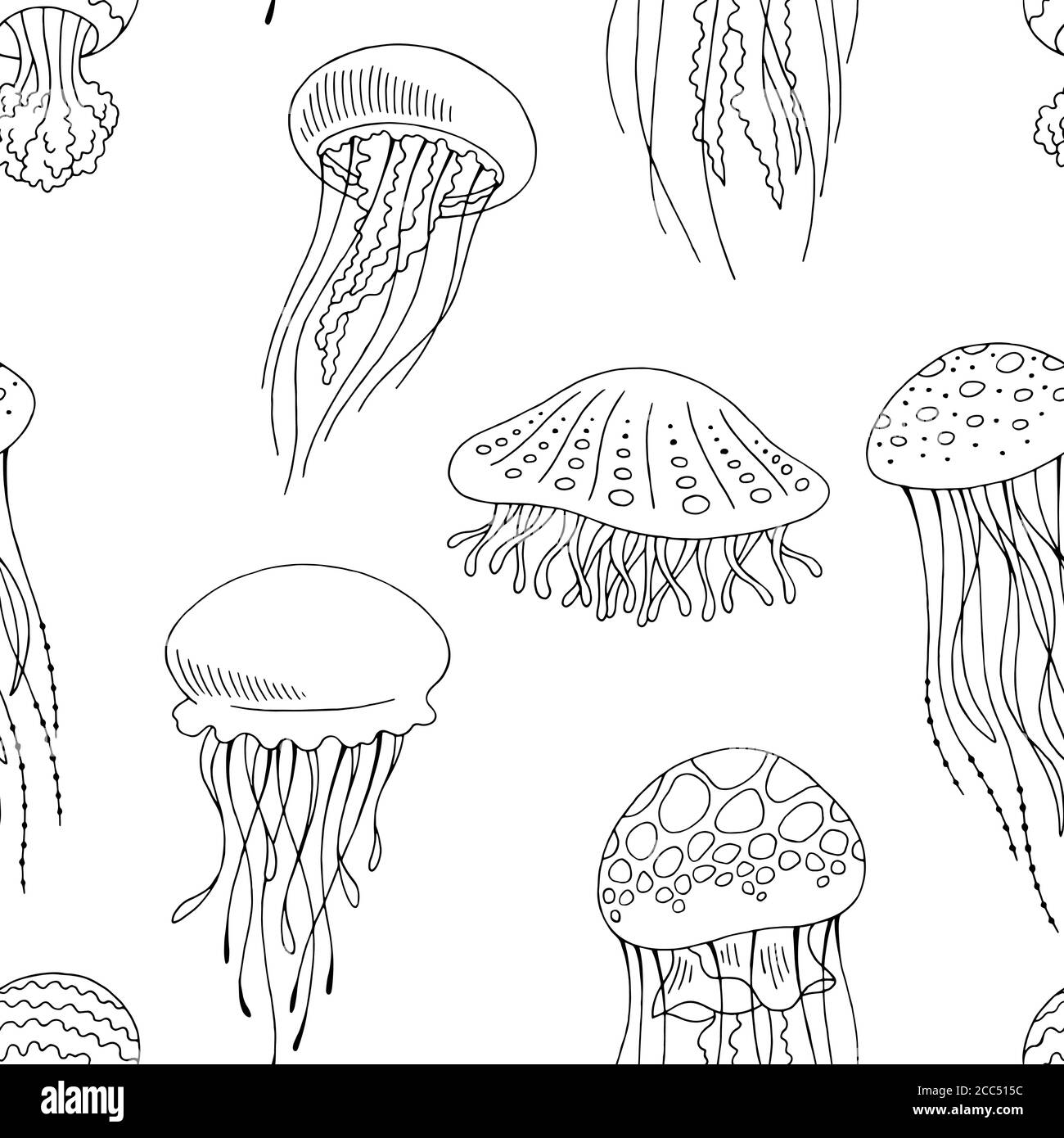 Jellyfish graphic black white seamless pattern background sketch illustration vector Stock Vector