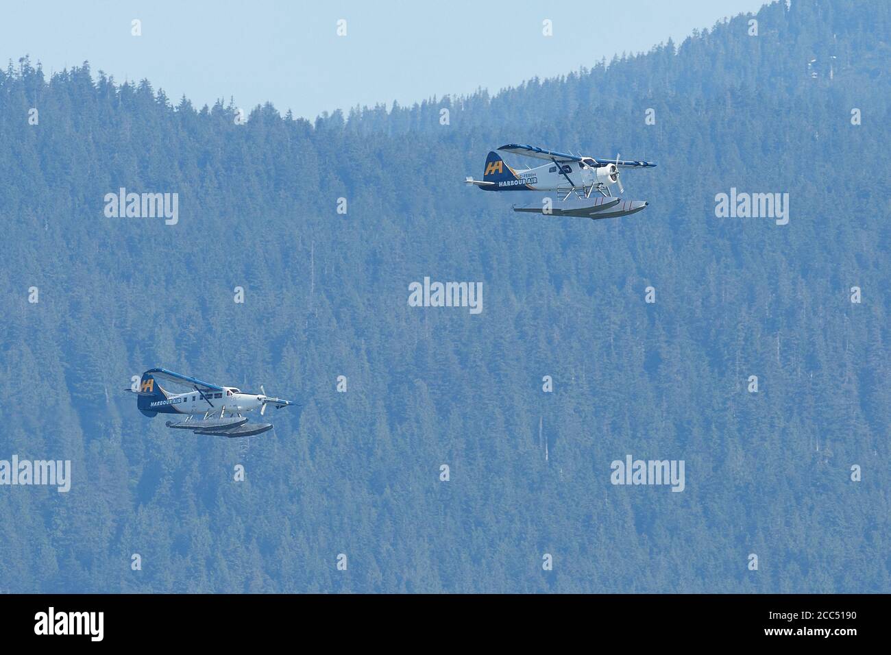 Harbour Air DHC-2 Beaver Floatplane Together With A Harbour Air DHC-3-T Turbo Otter Floatplane Flying Over Mountainous Terrain In Canada. Stock Photo