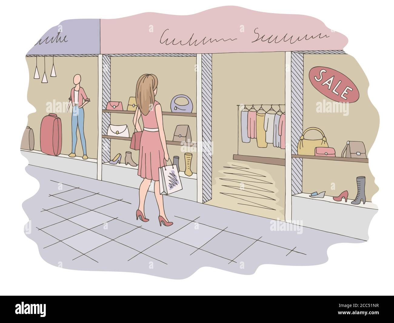 Woman standing and looking at the shop. Shopping mall graphic color interior sketch illustration vector Stock Vector