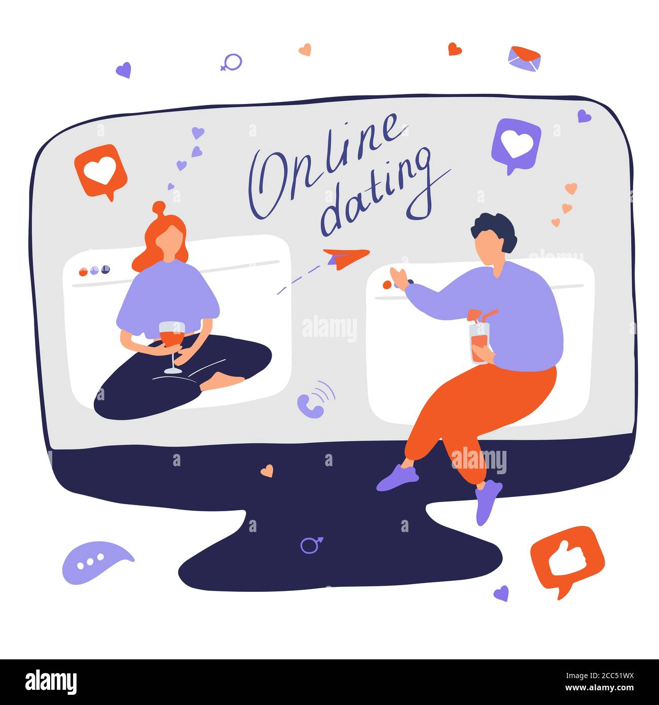 Internet dating. Internet flirting and relationships. Mobile service, application for meeting foreigners. Flat vector illustration Stock Vector