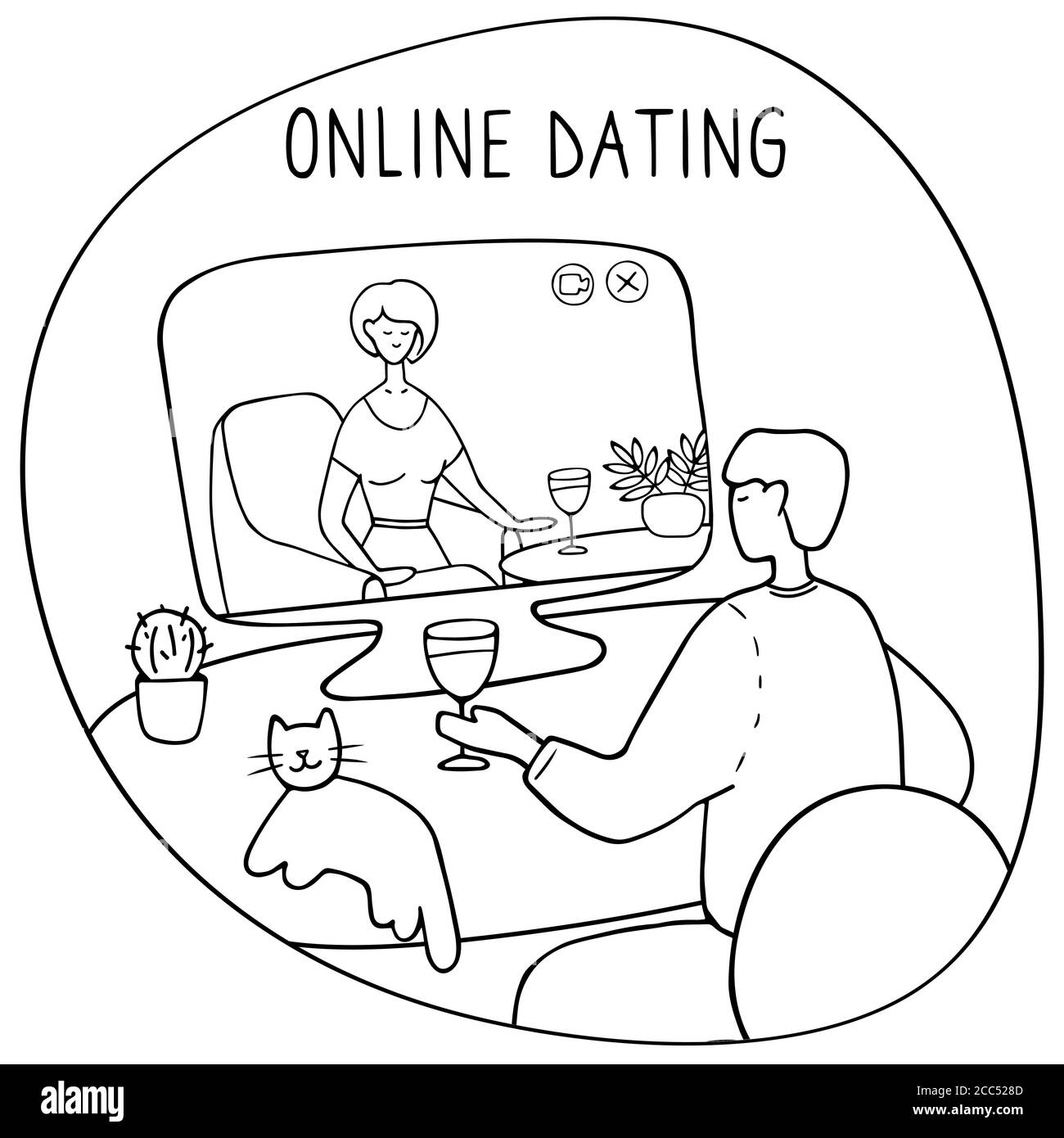 Young man sits in front of computer and talks with woman online. Girl and guy met online and build relationship at distance. Dating websites, internet Stock Vector
