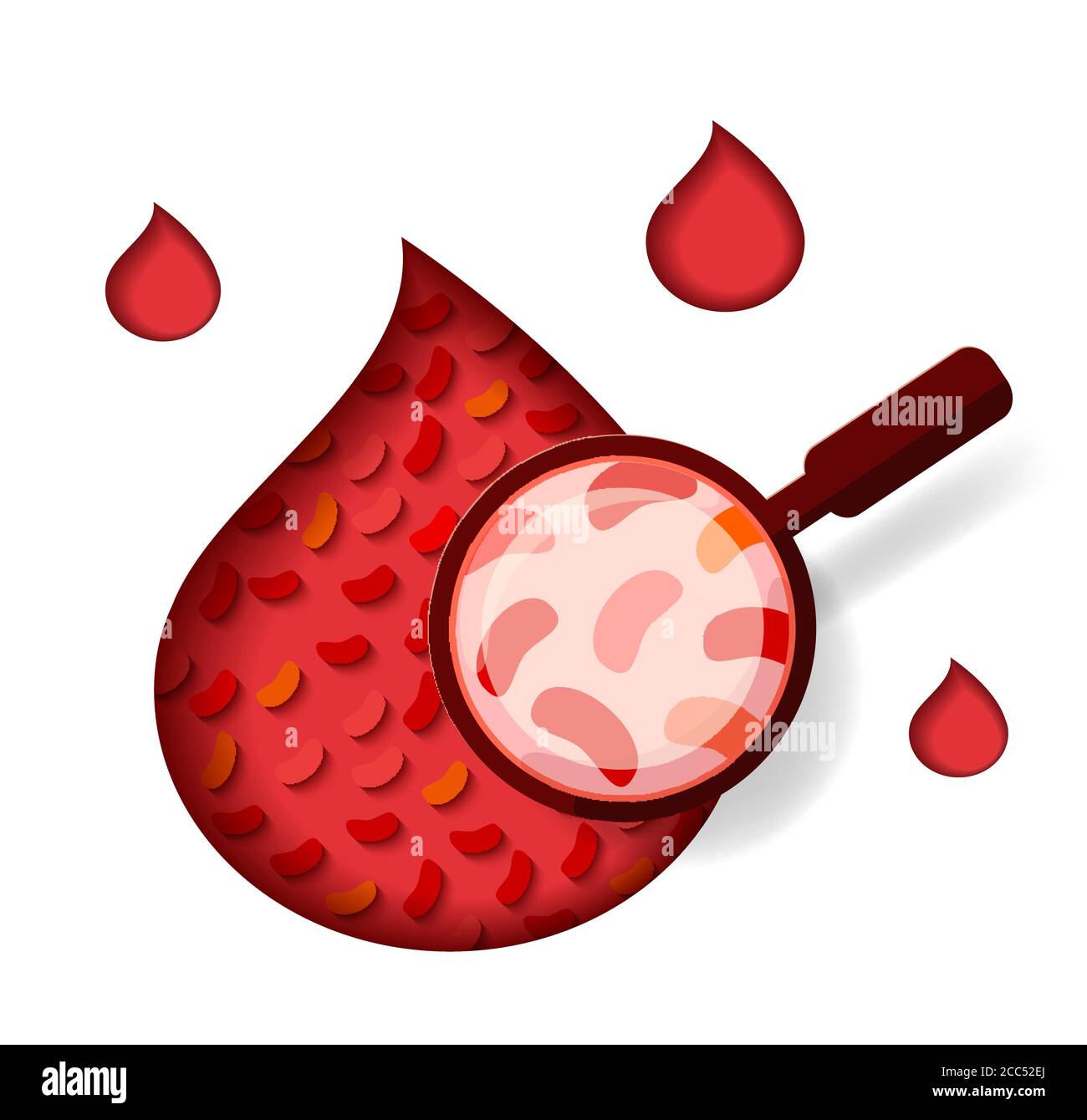 Drop of blood with red blood cells and a magnifying glass. Medical blood test. Vector illustrations, paper art and digital crafts style. Isolated on white background. Stock Vector