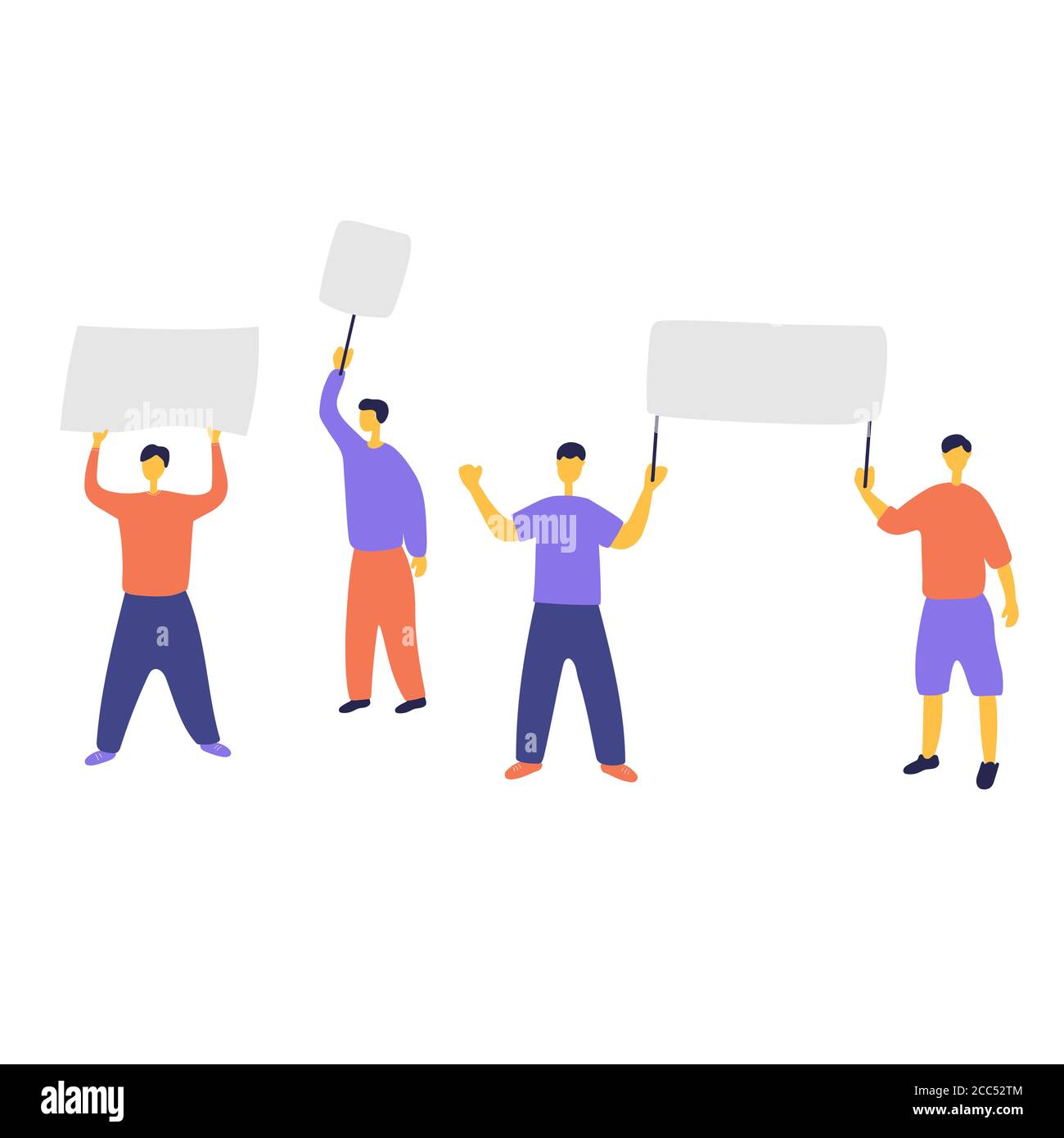 Protester men with placards. Male activists standing at picket with cardboard. Strike, riot, march concept. Vector flat illustration Stock Vector