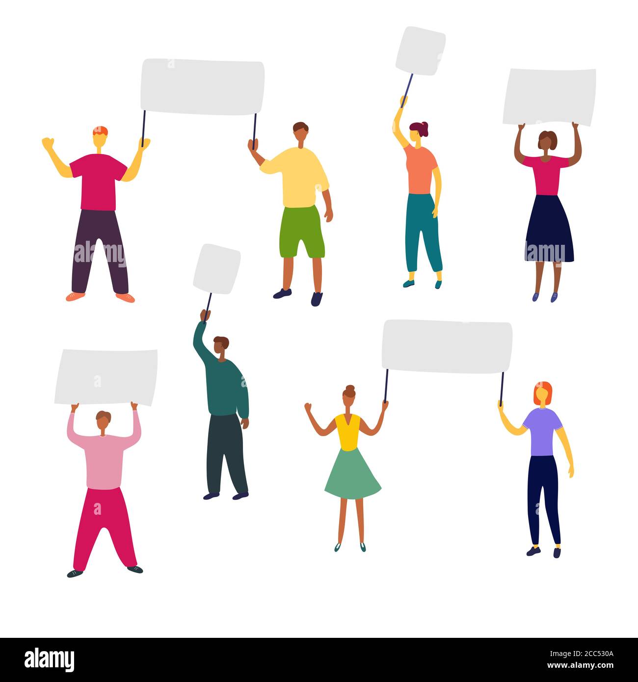 People with placards in their hands. Group of people of different gender and race are holding posters and banners. Advertising, protest, rally, appeal Stock Vector