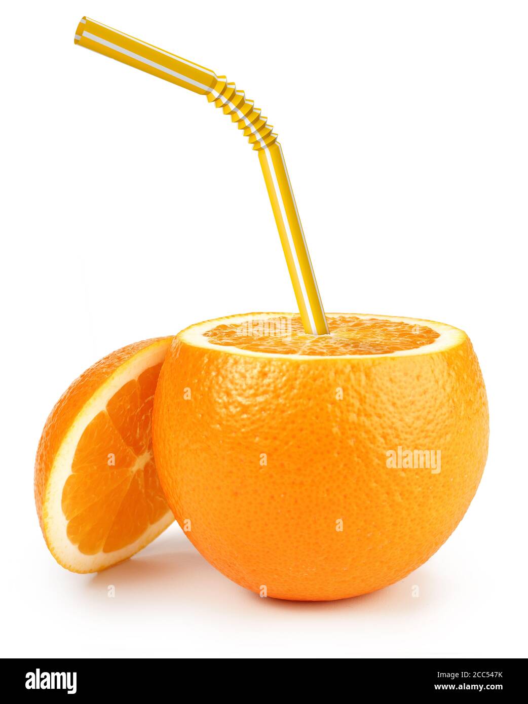 drinking straw inside an orange on white Stock Photo