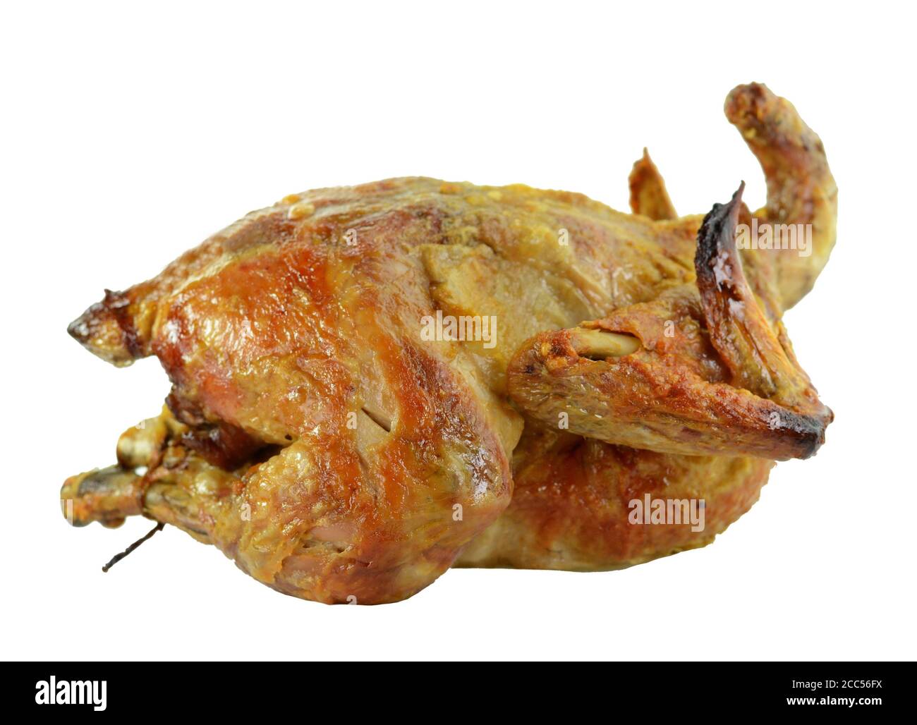 Roast chicken isolated on white background. Stock Photo