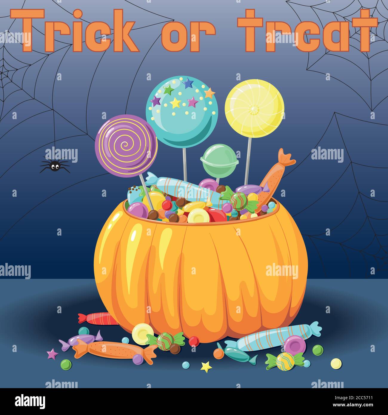 Treats, sweets for Halloween, in a pumpkin, with the text sweet or nasty. Vector color illustration. for postcards, posters Stock Vector