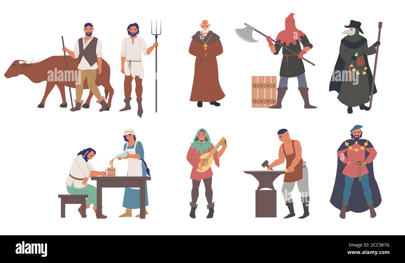 Medieval people male and female cartoon character set, flat vector isolated illustration Stock Vector