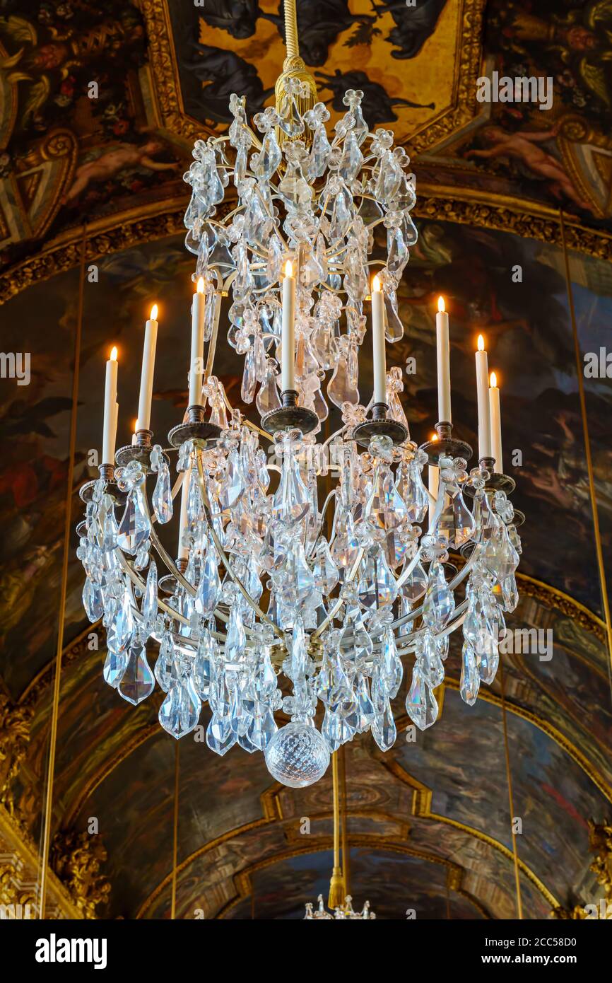 Chandelier in the Hall of Mirrors in the palace of Versailles - France Stock Photo