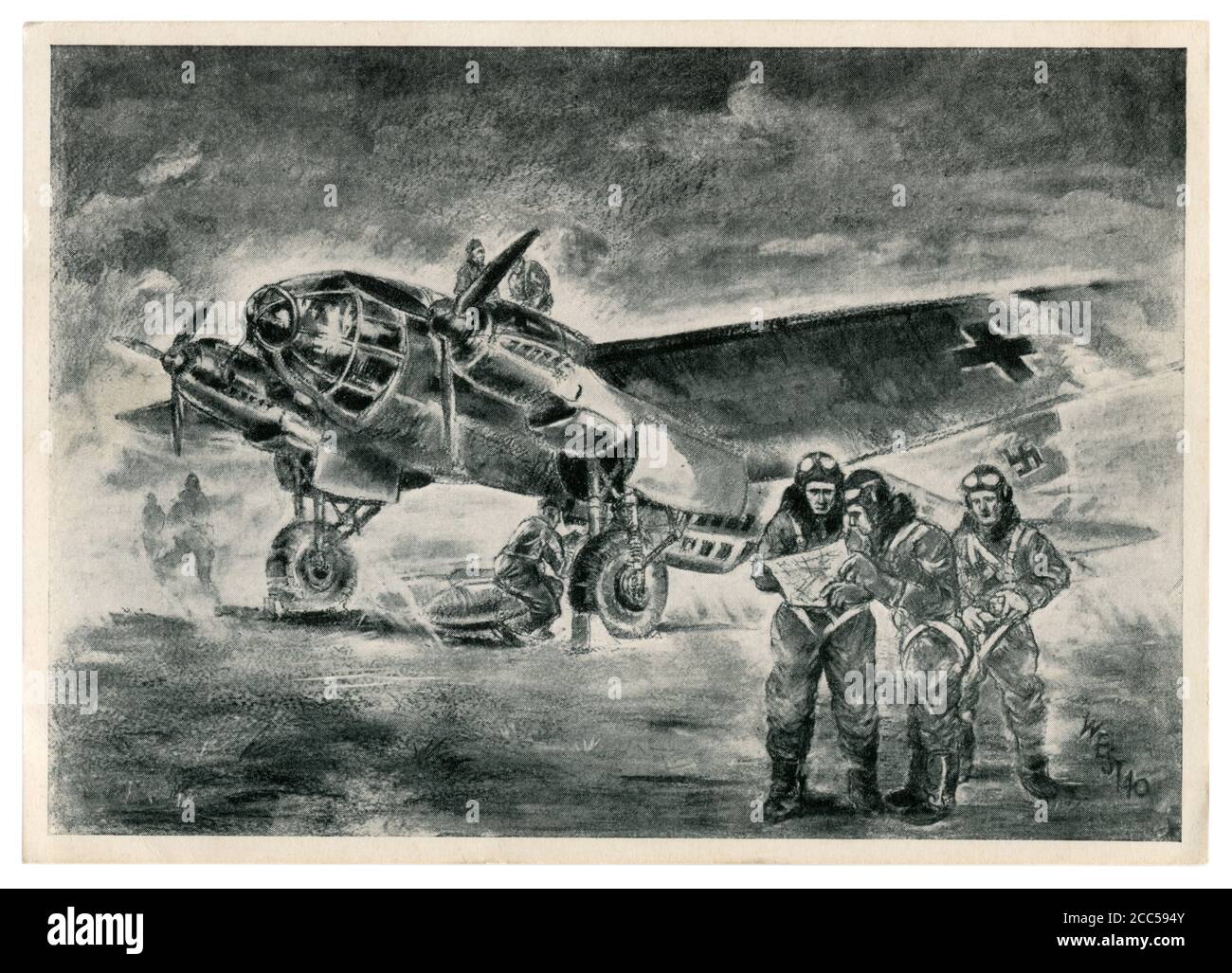 German historical postcard: Technical personnel prepare the Heinkel He 111 Bomber for combat flight. The crew is studying the flight map, ww2, 1940 Stock Photo