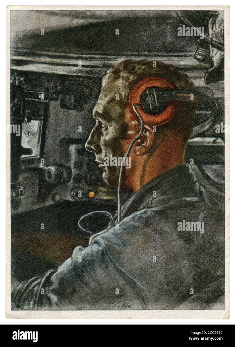 German historical postcard: Portrait of a tank driver inside combat vehicle looks through the viewing slot, artist Wolfgang Willrich, Germany, 1940 Stock Photo