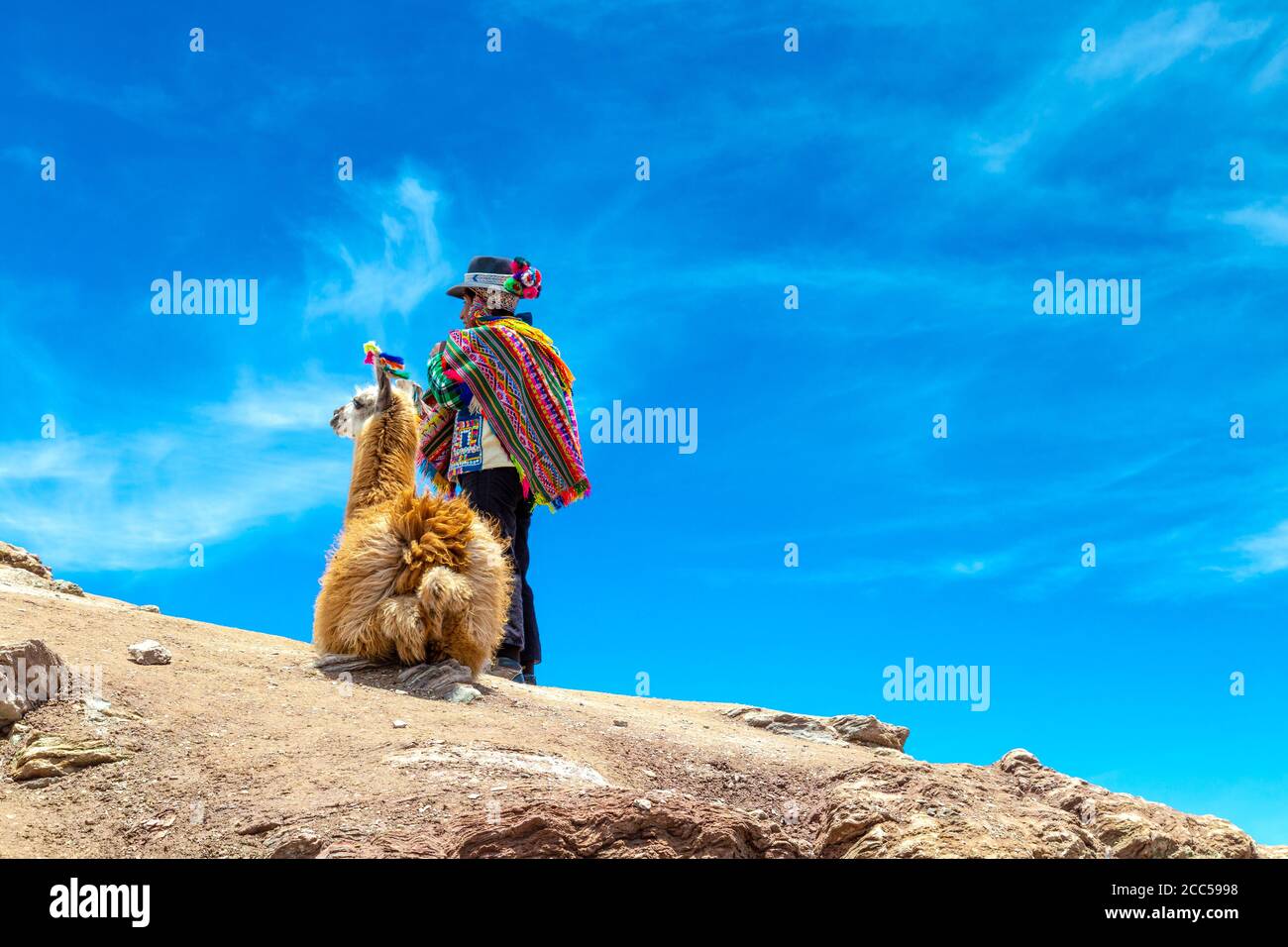 Peruvian man wearing traditional clothing with a llama on top of the Rainbow Mountain (Vinicunca) in the Andes mountains, Peru Stock Photo