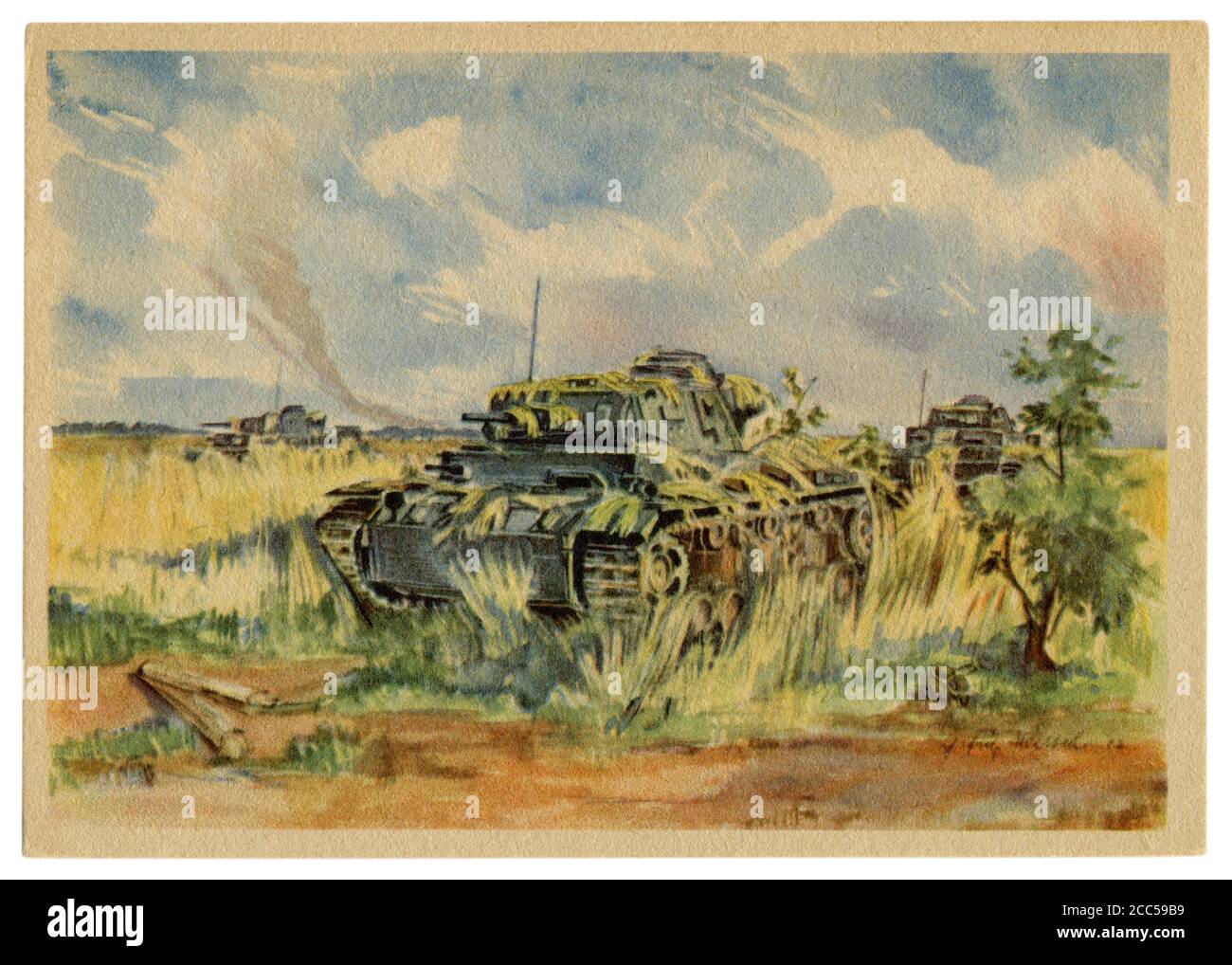 German historical postcard: Camouflaged by grass, Nazi medium tanks pz III in an ambush on the field. Eastern front, world war II, Third Reich, 1942 Stock Photo