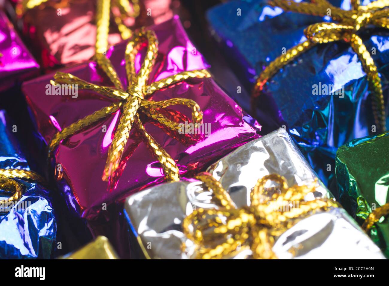 Close-up of present boxes with gifts. Celebration concept. Holidays background Stock Photo