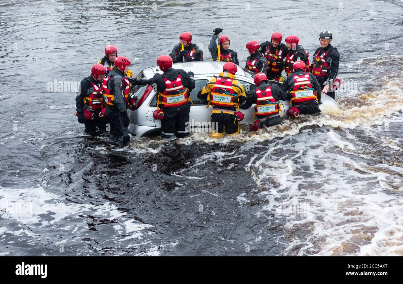 Ambulance services training for extreme weather/flooding conditions at Tees Barrage in Stockton on Tees. UK Stock Photo