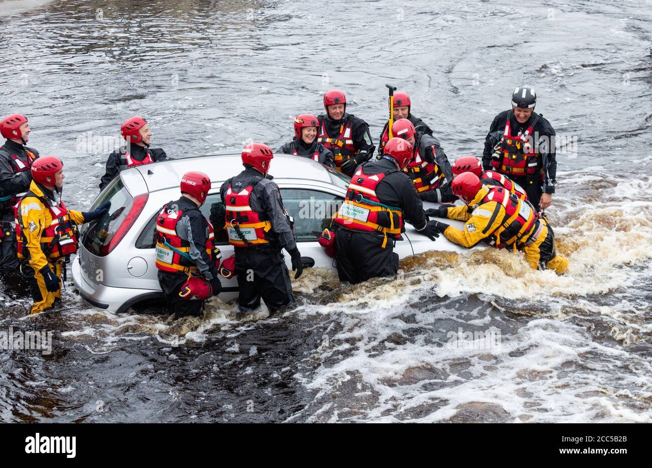 Ambulance services training for extreme weather/flooding conditions at Tees Barrage in Stockton on Tees. UK Stock Photo