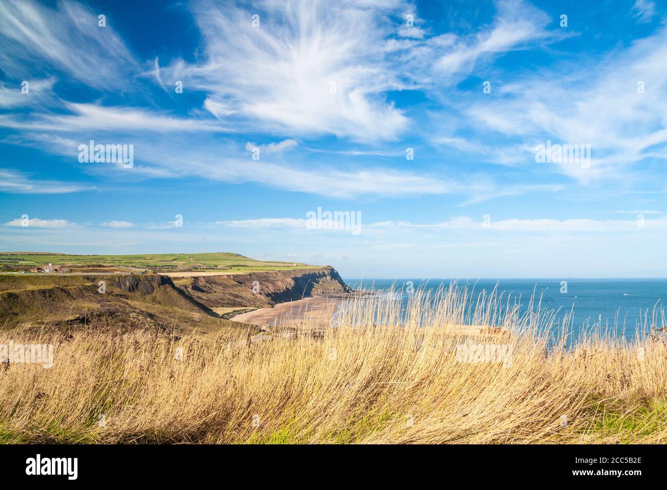 View over Cattersty Sands beach at Skinningrove between Staithes and Saltburn from The Cleveland Way coastal footpath, North Yorkshire, England, UK Stock Photo