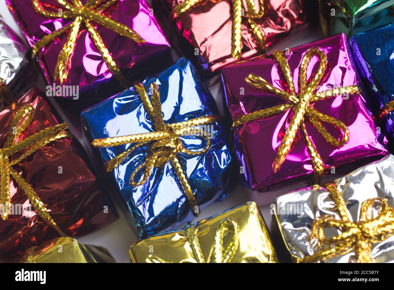 Gifts in present paper boxes top view. Copy space background Stock Photo