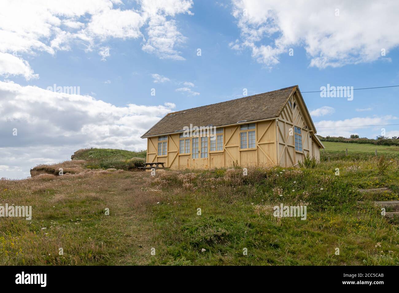 View of the wooden hut at the foot of Thorncombe Beacon on the southwest coastpath in Dorset Stock Photo