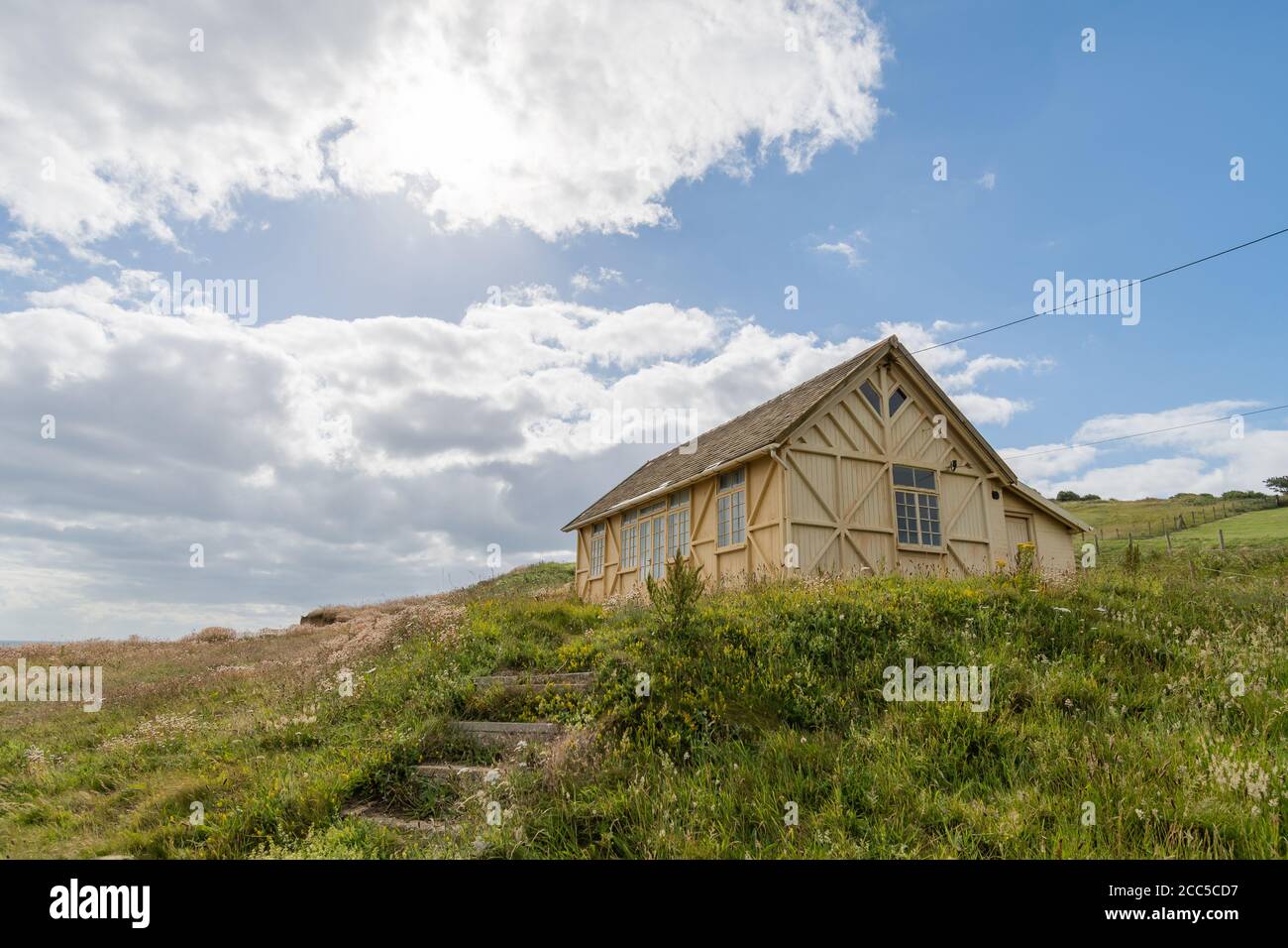 View of the wooden hut at the foot of Thorncombe Beacon on the southwest coastpath in Dorset Stock Photo