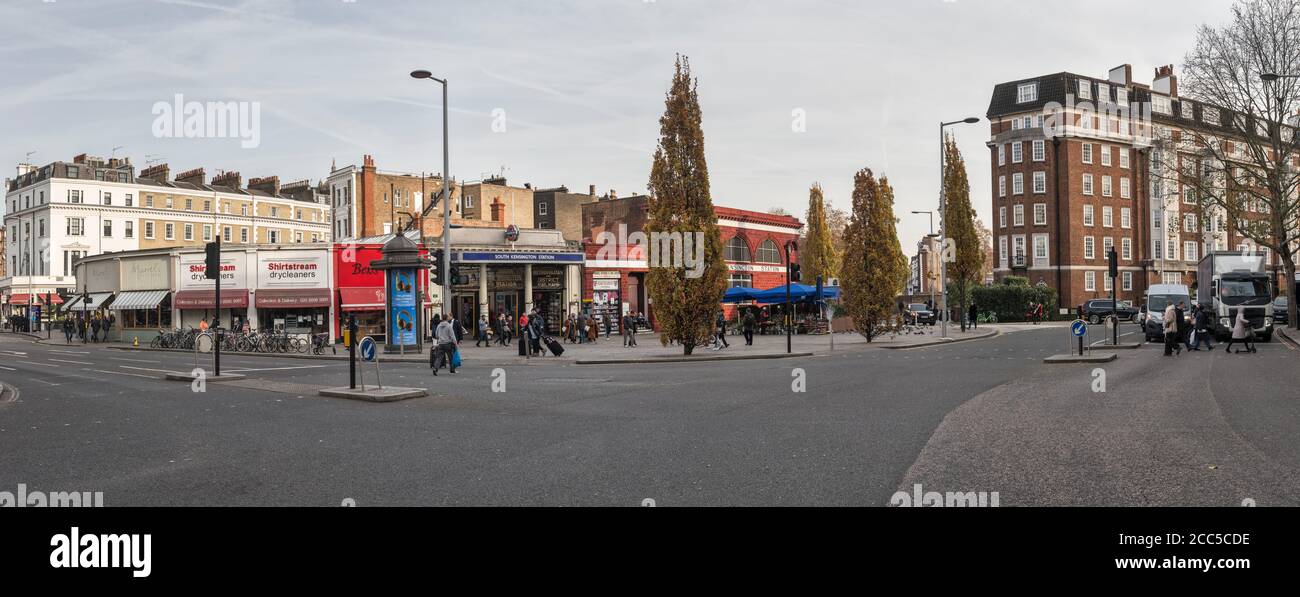 South Kensington tube station, London, UK, seen from the junction of Harrington Road and Old Brompton Road Stock Photo