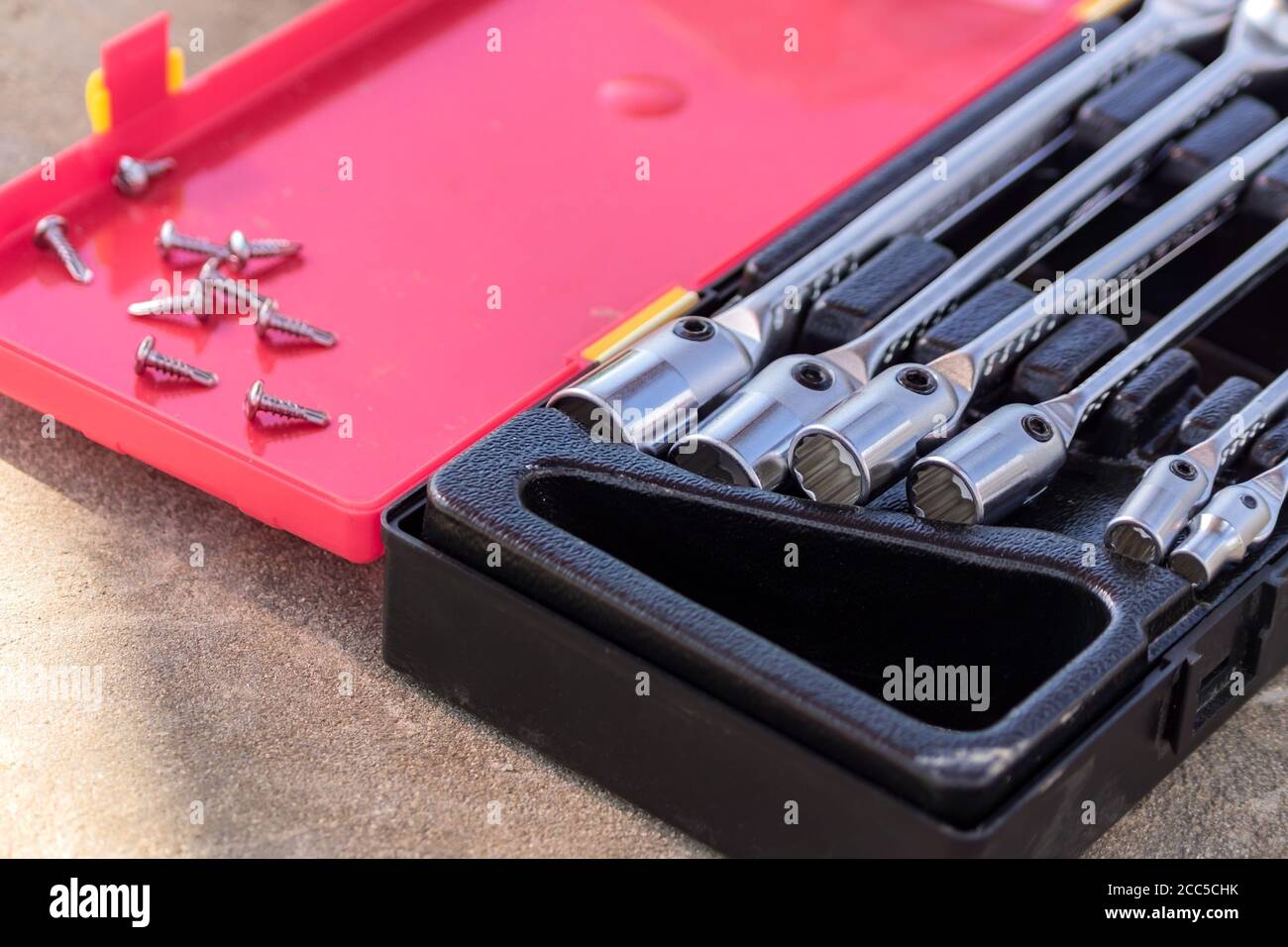 set of socket wrenches in a case, close up, selective focus Stock Photo