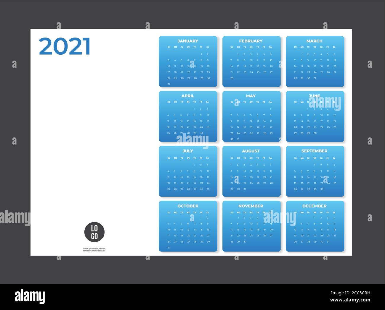 2021 Calendar - illustration. Template. Mock up vector Stock Vector