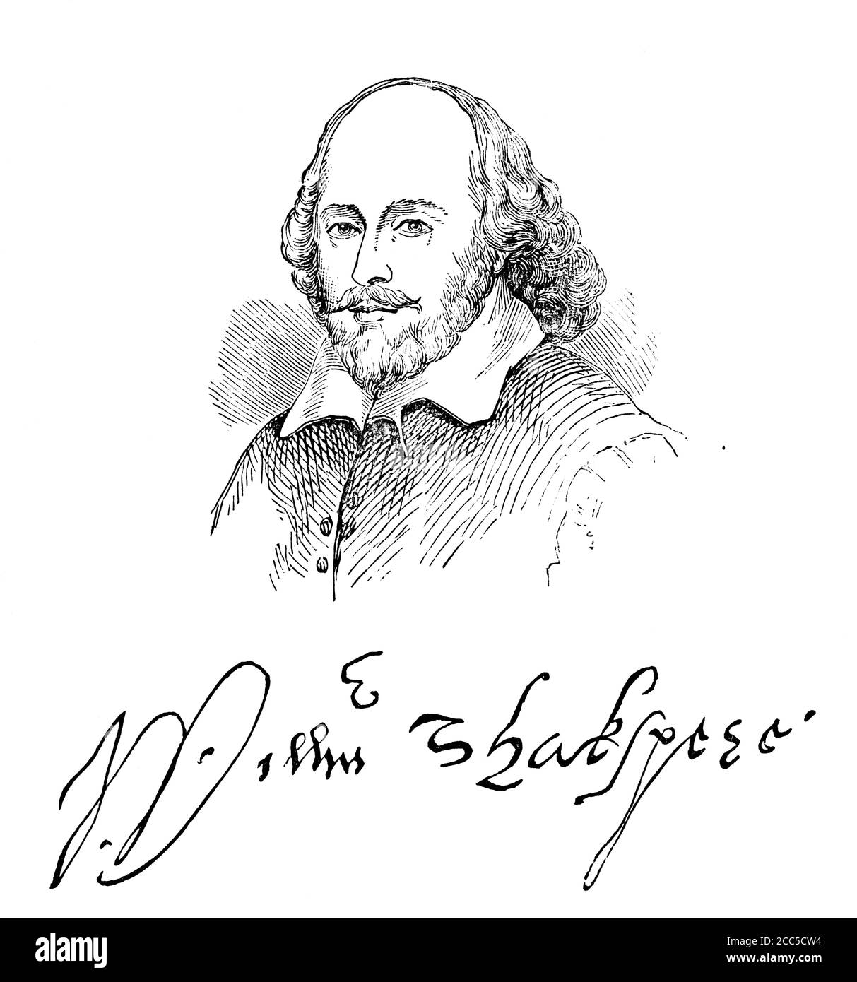 An engraved illustration portrait of the Elizabethan playwright William Shakespeare and his signature from a Victorian book dated 1883 that is no long Stock Photo
