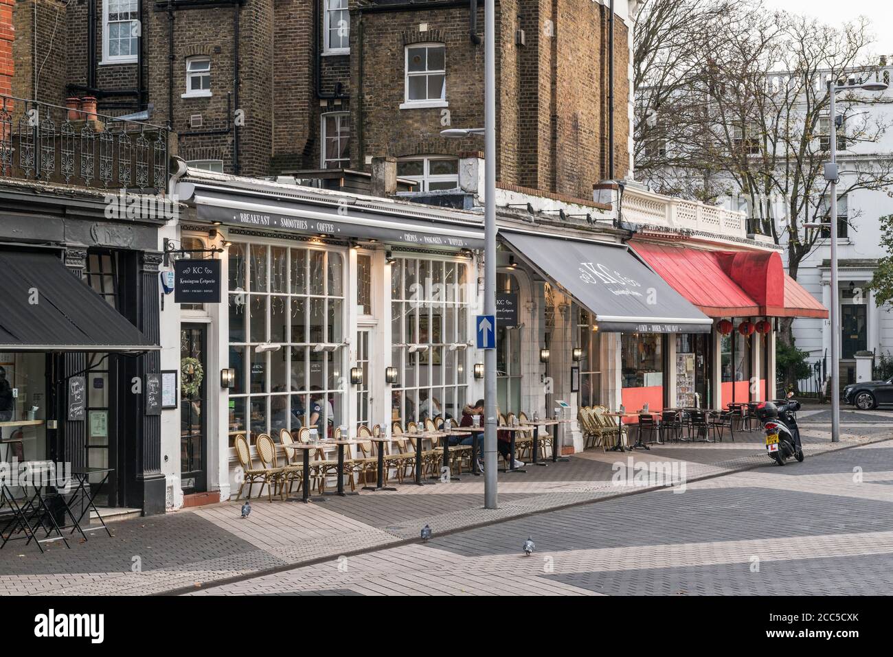 The Kensington Creperie at the south end of Exhibition Road, South Kensington, London, at its junction with Thurloe Street Stock Photo