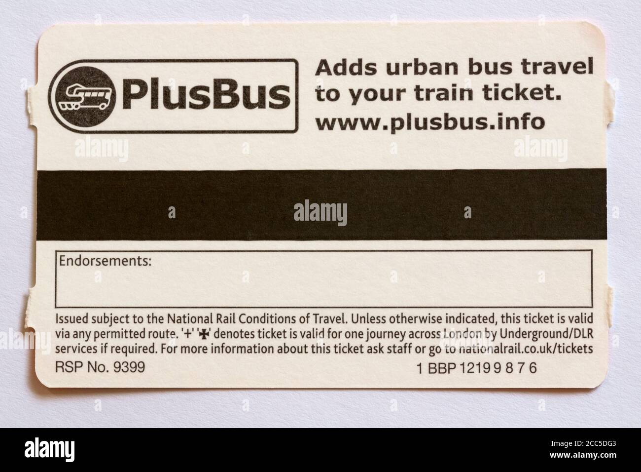 PlusBus adds urban bus travel to your train ticket - detail on back of train ticket Stock Photo