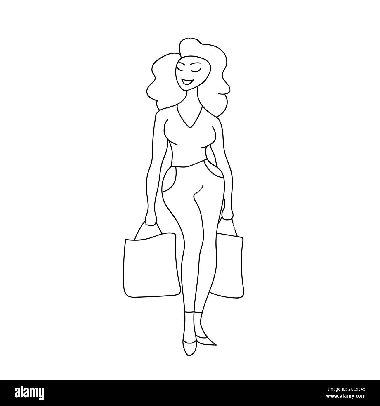 The woman does purchases. Girl and shopping on site. Black and white illustration Stock Vector