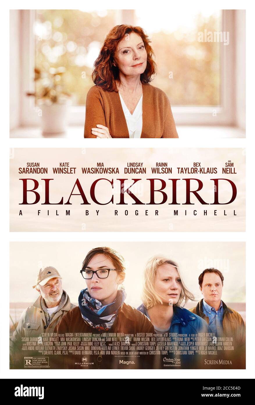 Blackbird (2019) directed by Roger Michell and starring Bex Taylor-Klaus, Sam Neill, Mia Wasikowska, Kate Winslet and Susan Sarandon. Remake of the Danish film Silent Heart about a last family reunion organised by a terminally ill mother to make a final goodbye. Stock Photo