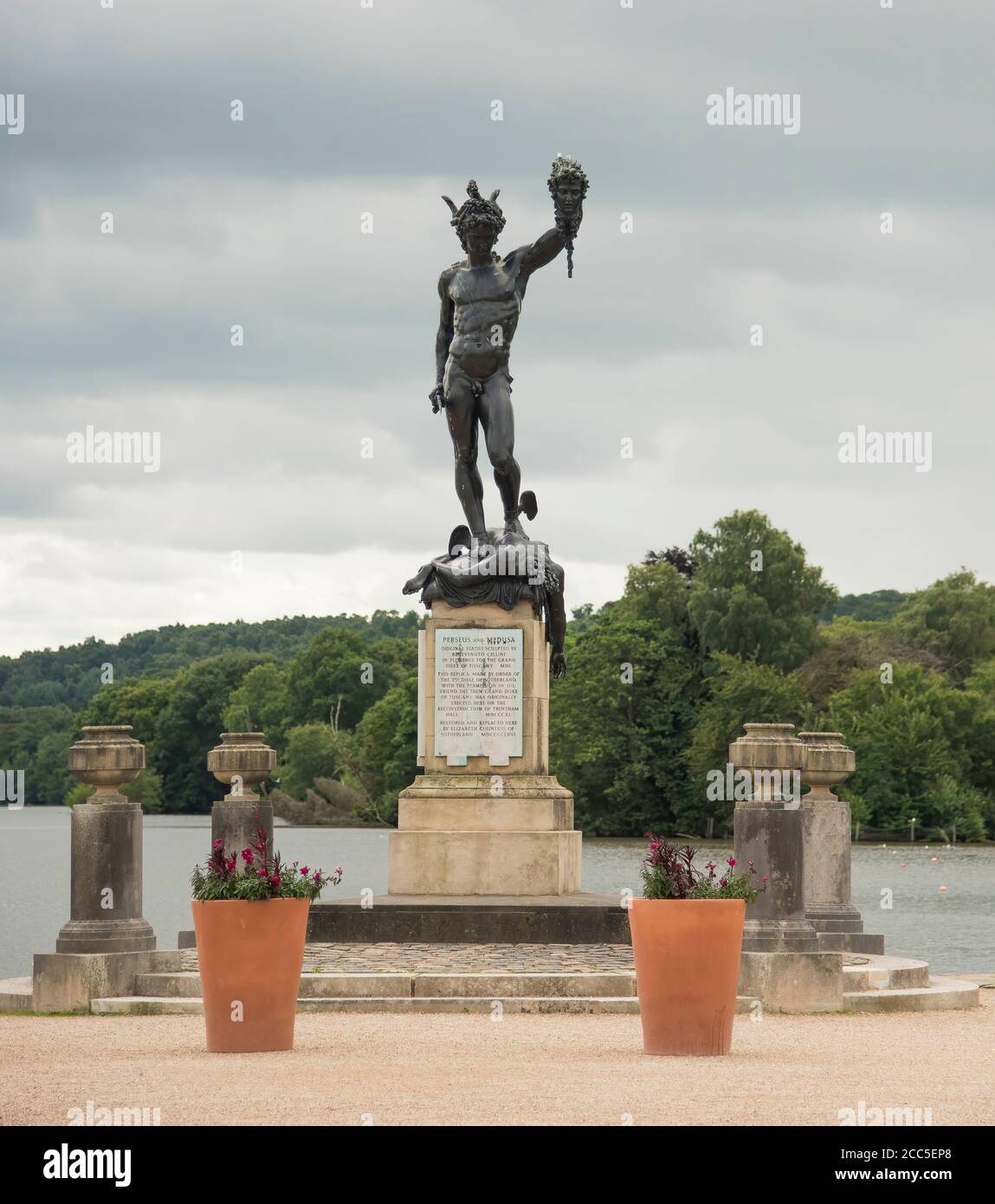 A statue of Perseus holding the head of Medusa created by Benvenuto Cellini on display in  Trentham Italian Gardens Staffordshire England UK Stock Photo
