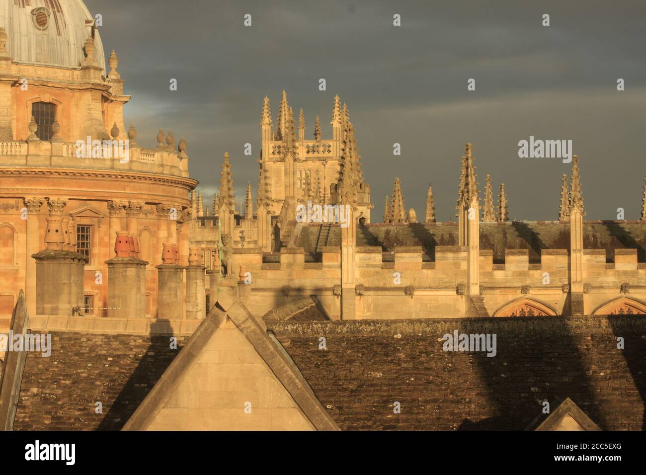 Roof tops, spires of Oxford, England; looking towards the Codrington Library, All Souls Stock Photo