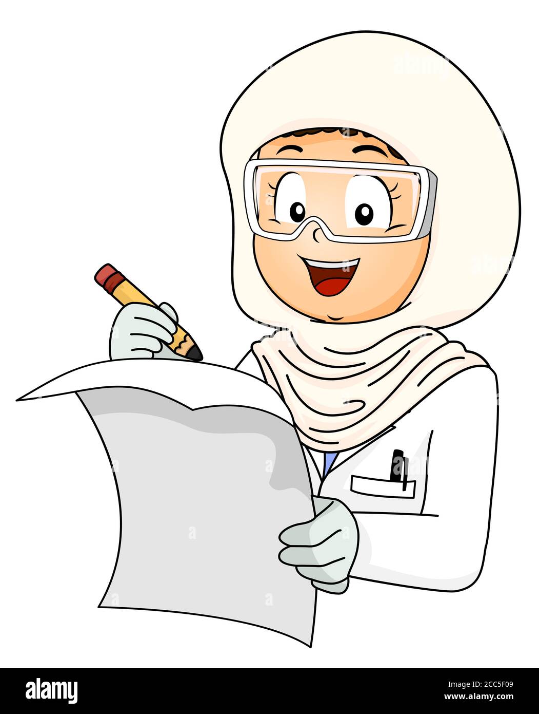 Illustration of a Kid Girl Wearing Hijab and Laboratory Gown, Goggles and Gloves, Writing Results on Paper Stock Photo