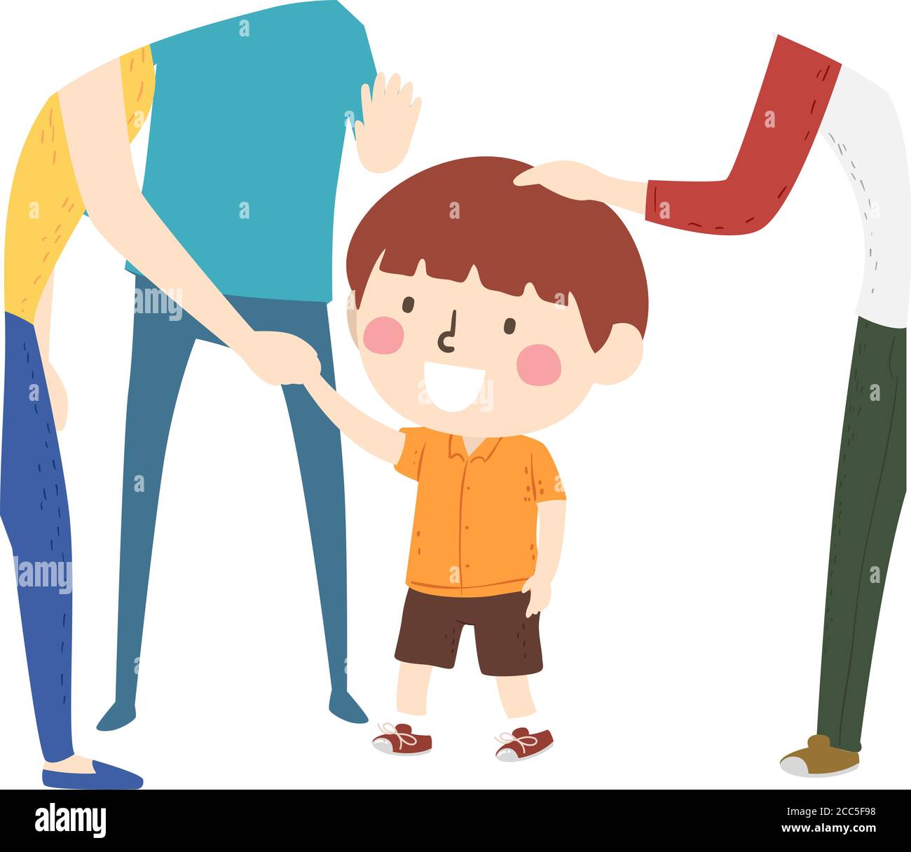 Illustration of a Kid Boy Holding Hand of an Adult, Having Conversation with Older People Stock Photo