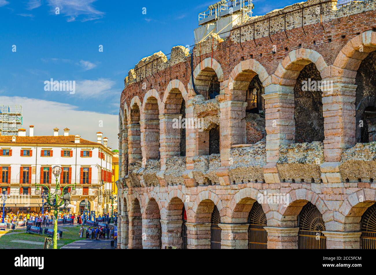 Verona, Italy, September 12, 2019 The Verona Arena limestone walls