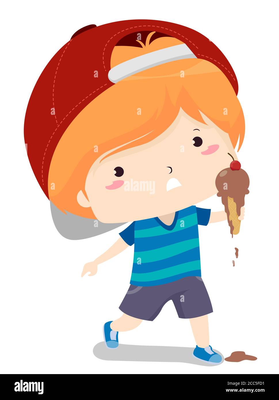 Illustration of a Kid Boy Worried About the Melting Ice Cream He Is Holding Stock Photo