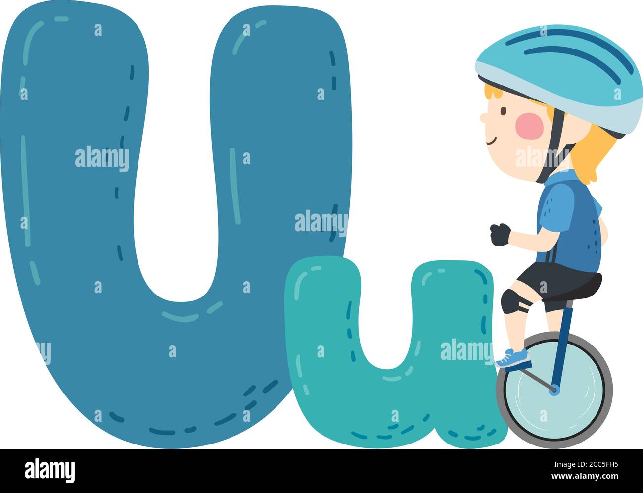 Illustration of a Kid Boy Wearing Helmet and Riding Unicycle. Sports Alphabet Stock Photo